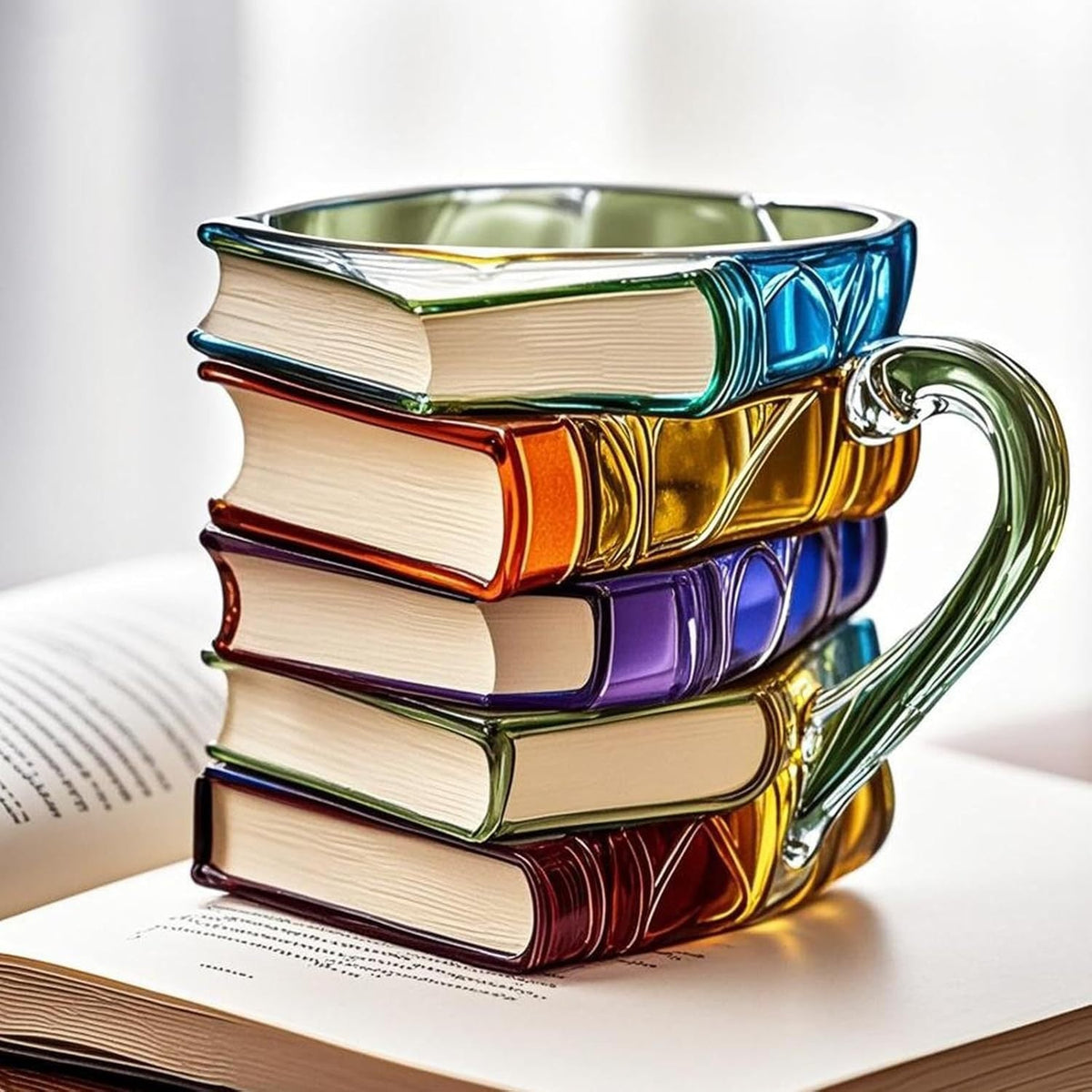 Glass Cup with 3D Book Spine Pattern 350ml Transparent Literary Design for Tea Coffee Hot Drinks | Sansoti