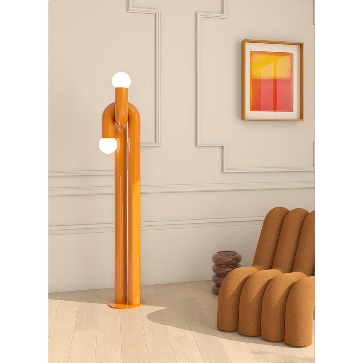 Moderne Steh-Bogenlampe mit zwei Glaskugeln – dekorative Doppelbeleuchtung für Wohnzimmer | Sansoti