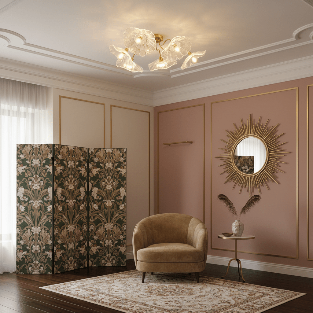 Glass Ceiling Lamp with Leaf Motif – 3, 5 or 6 Light Points – Golden Fixture with Clear or Pink Frosted Glass | Sansoti