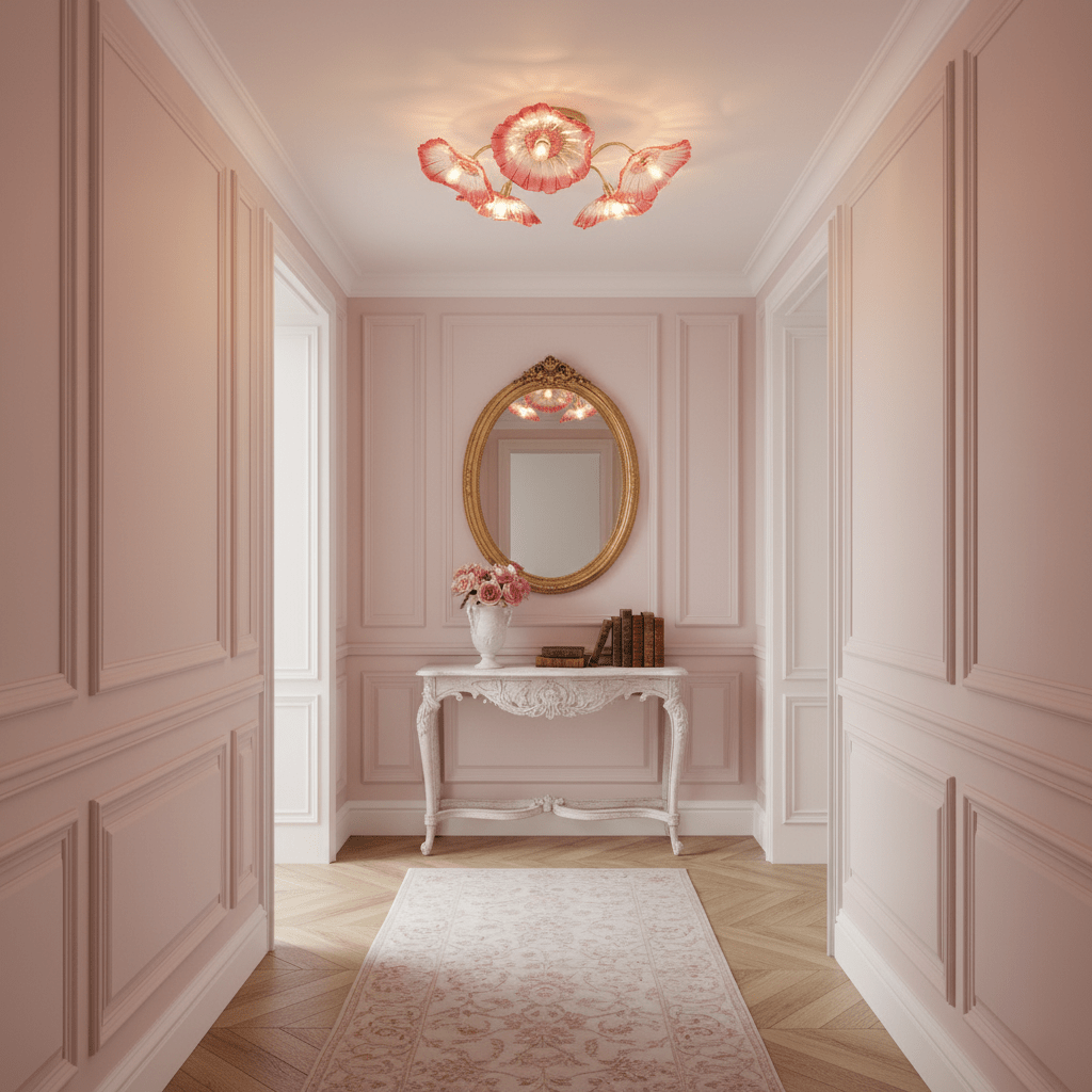 Glass Ceiling Lamp with Leaf Motif – 3, 5 or 6 Light Points – Golden Fixture with Clear or Pink Frosted Glass | Sansoti