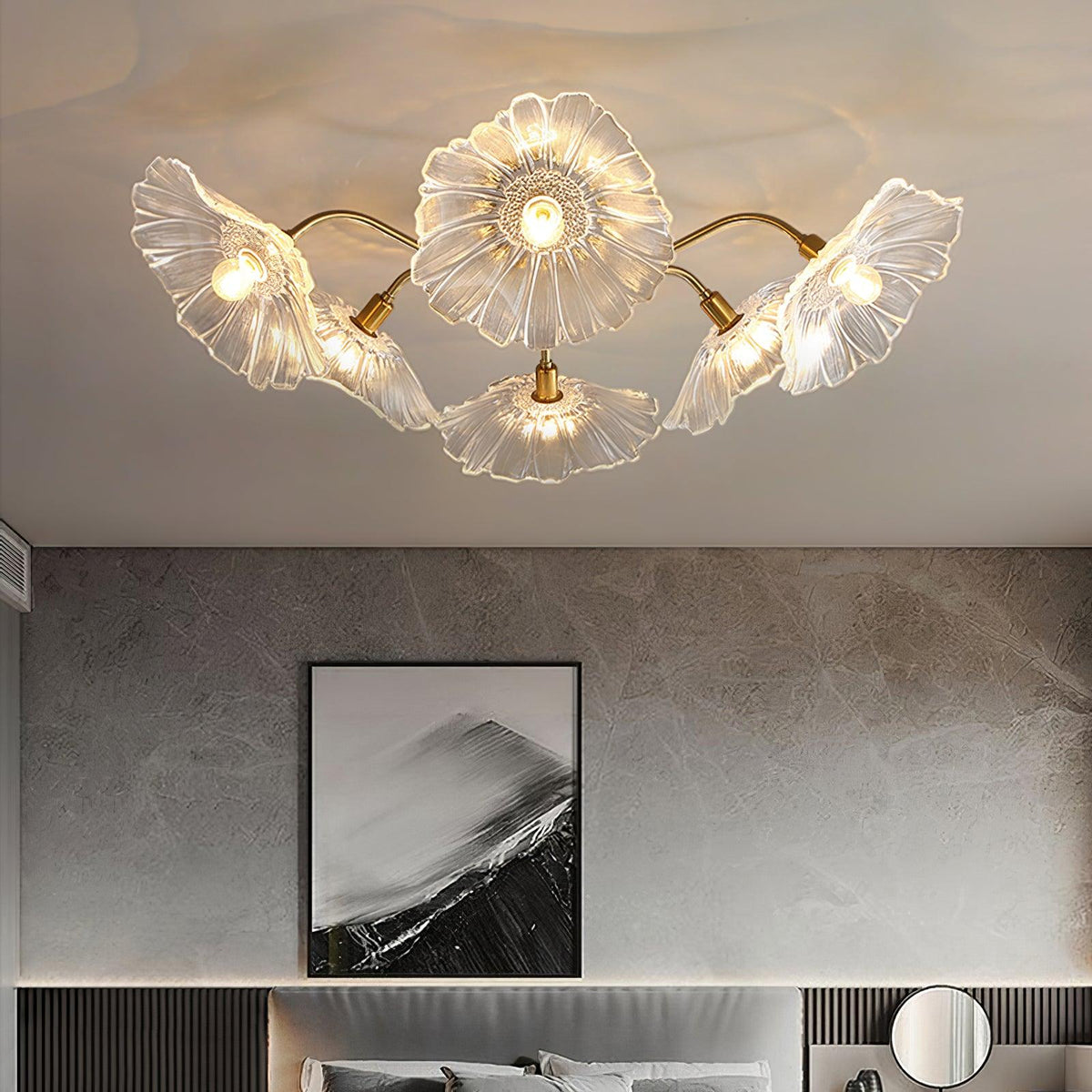 Glass Ceiling Lamp with Leaf Motif – 3, 5 or 6 Light Points – Golden Fixture with Clear or Pink Frosted Glass | Sansoti