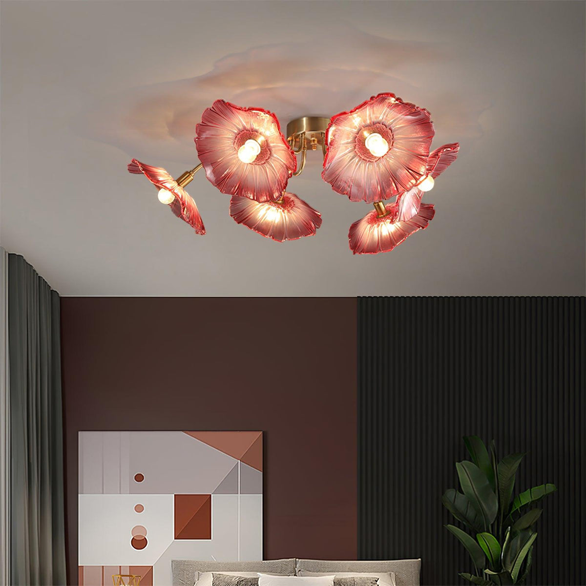 Glass Ceiling Lamp with Leaf Motif – 3, 5 or 6 Light Points – Golden Fixture with Clear or Pink Frosted Glass | Sansoti