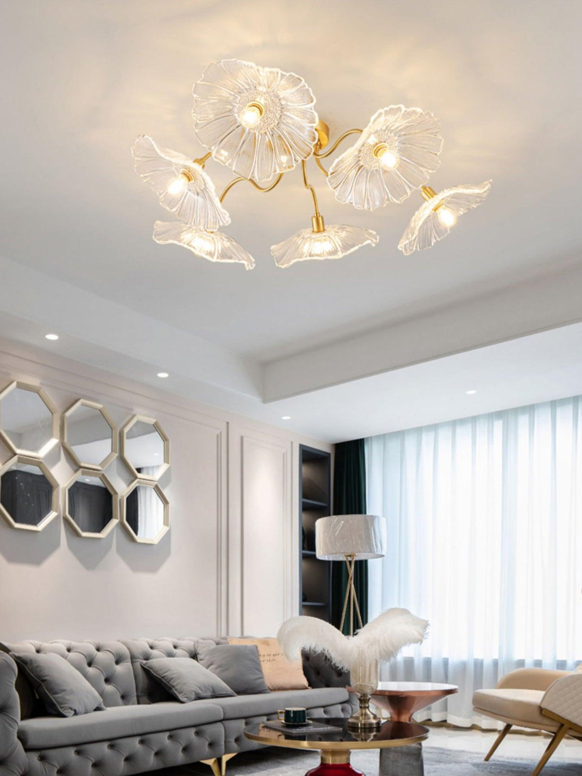Glass Ceiling Lamp with Leaf Motif – 3, 5 or 6 Light Points – Golden Fixture with Clear or Pink Frosted Glass | Sansoti