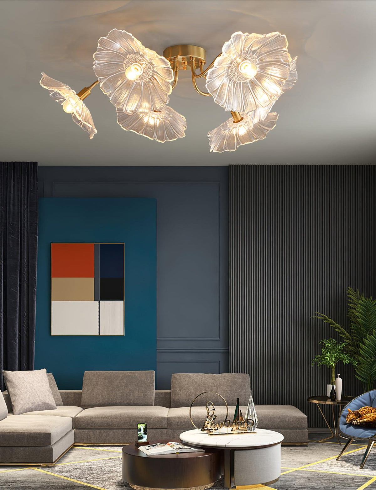 Glass Ceiling Lamp with Leaf Motif – 3, 5 or 6 Light Points – Golden Fixture with Clear or Pink Frosted Glass | Sansoti