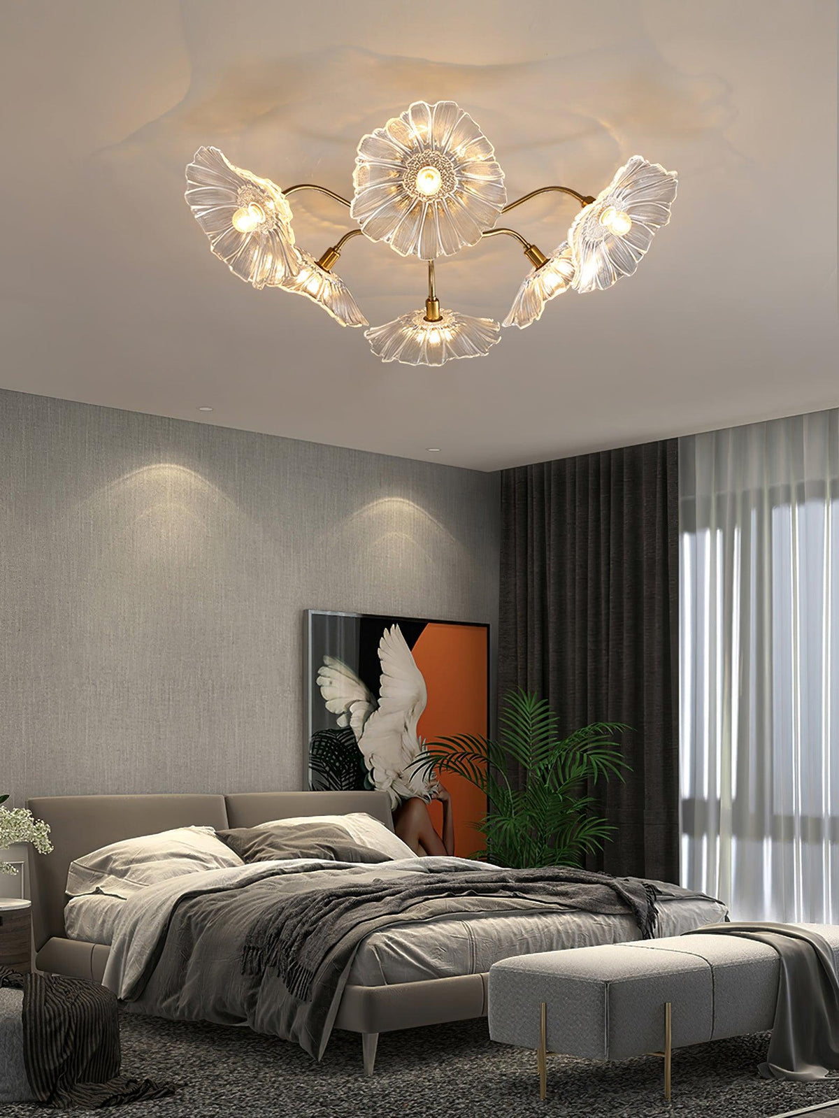 Glass Ceiling Lamp with Leaf Motif – 3, 5 or 6 Light Points – Golden Fixture with Clear or Pink Frosted Glass | Sansoti