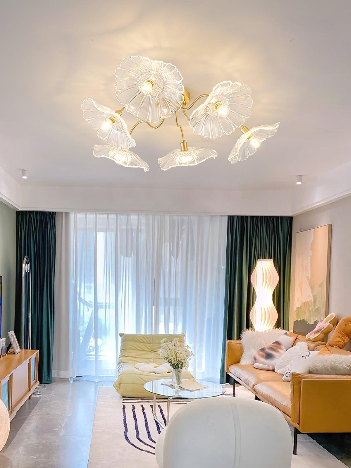 Glass Ceiling Lamp with Leaf Motif – 3, 5 or 6 Light Points – Golden Fixture with Clear or Pink Frosted Glass | Sansoti