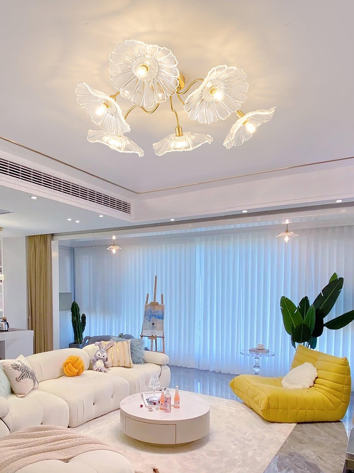 Glass Ceiling Lamp with Leaf Motif – 3, 5 or 6 Light Points – Golden Fixture with Clear or Pink Frosted Glass | Sansoti
