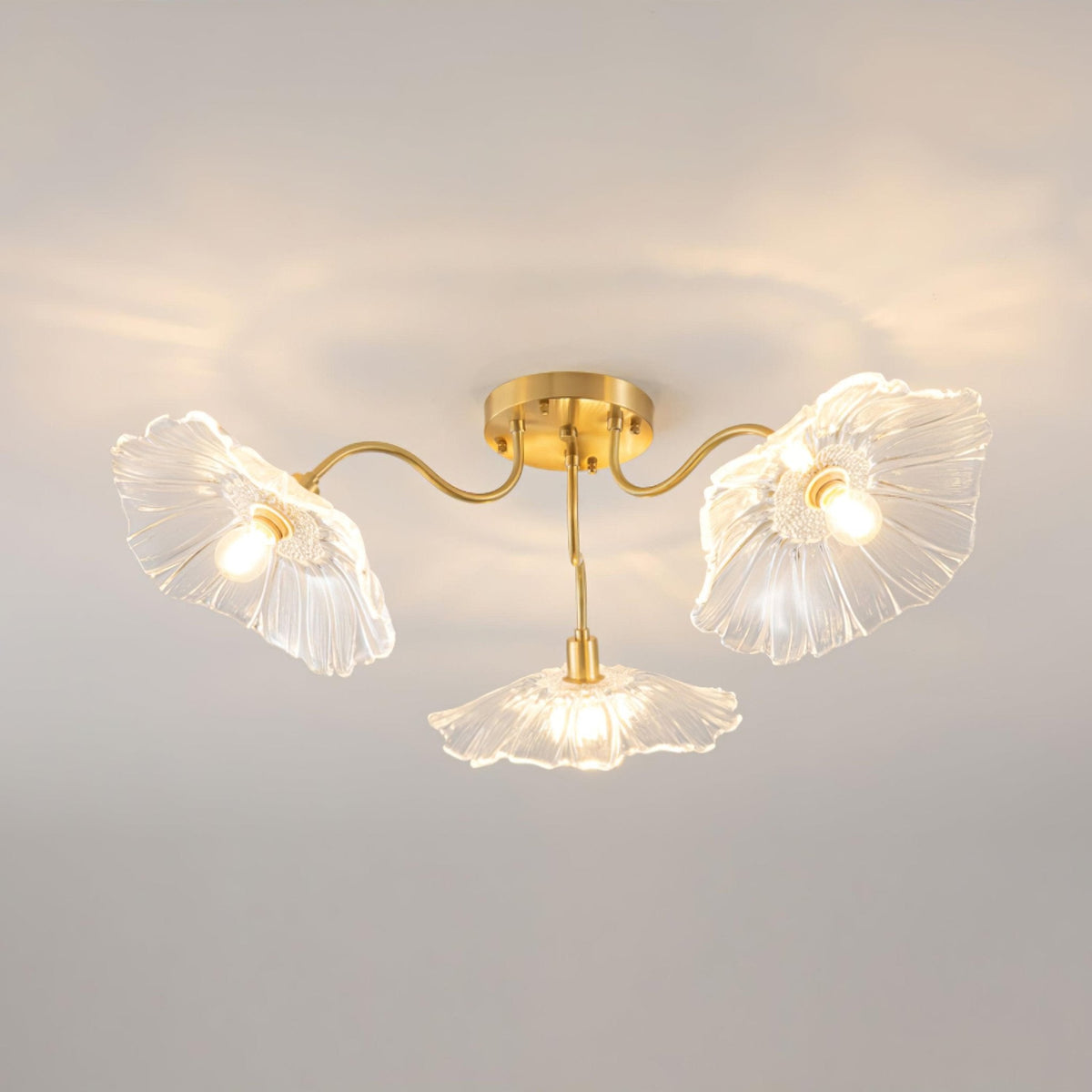 Glass Ceiling Lamp with Leaf Motif – 3, 5 or 6 Light Points – Golden Fixture with Clear or Pink Frosted Glass | Sansoti