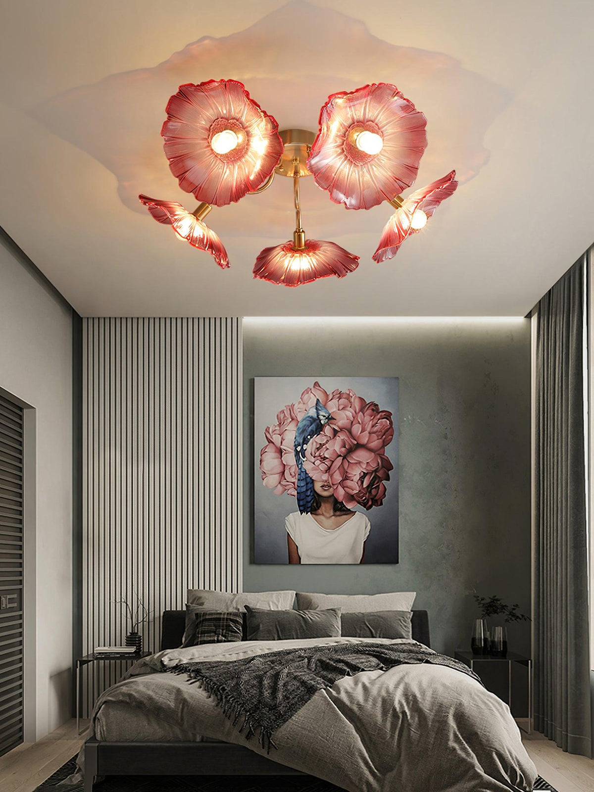 Glass Ceiling Lamp with Leaf Motif – 3, 5 or 6 Light Points – Golden Fixture with Clear or Pink Frosted Glass | Sansoti