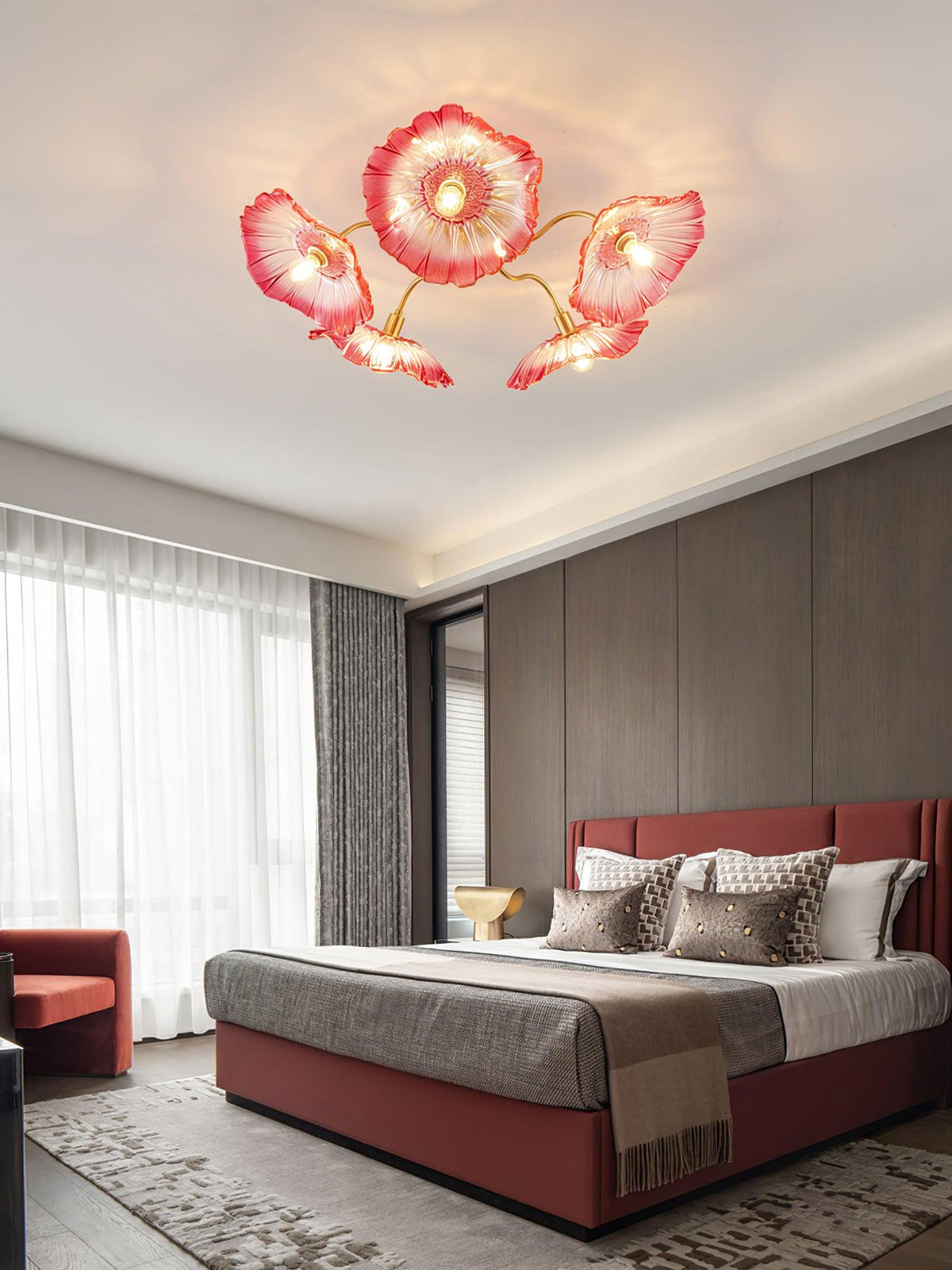 Glass Ceiling Lamp with Leaf Motif – 3, 5 or 6 Light Points – Golden Fixture with Clear or Pink Frosted Glass | Sansoti