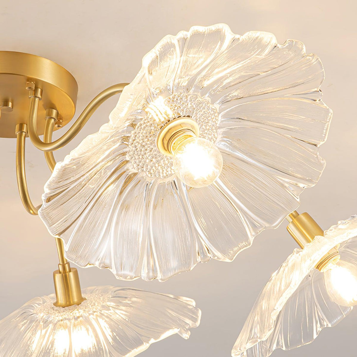 Glass Ceiling Lamp with Leaf Motif – 3, 5 or 6 Light Points – Golden Fixture with Clear or Pink Frosted Glass | Sansoti