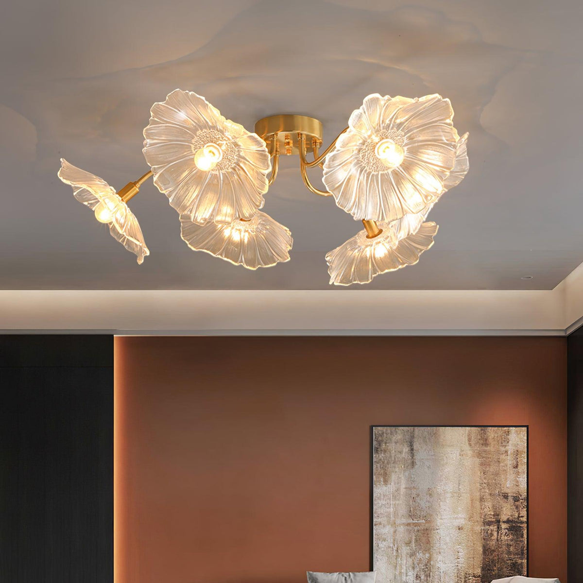 Glass Ceiling Lamp with Leaf Motif – 3, 5 or 6 Light Points – Golden Fixture with Clear or Pink Frosted Glass | Sansoti