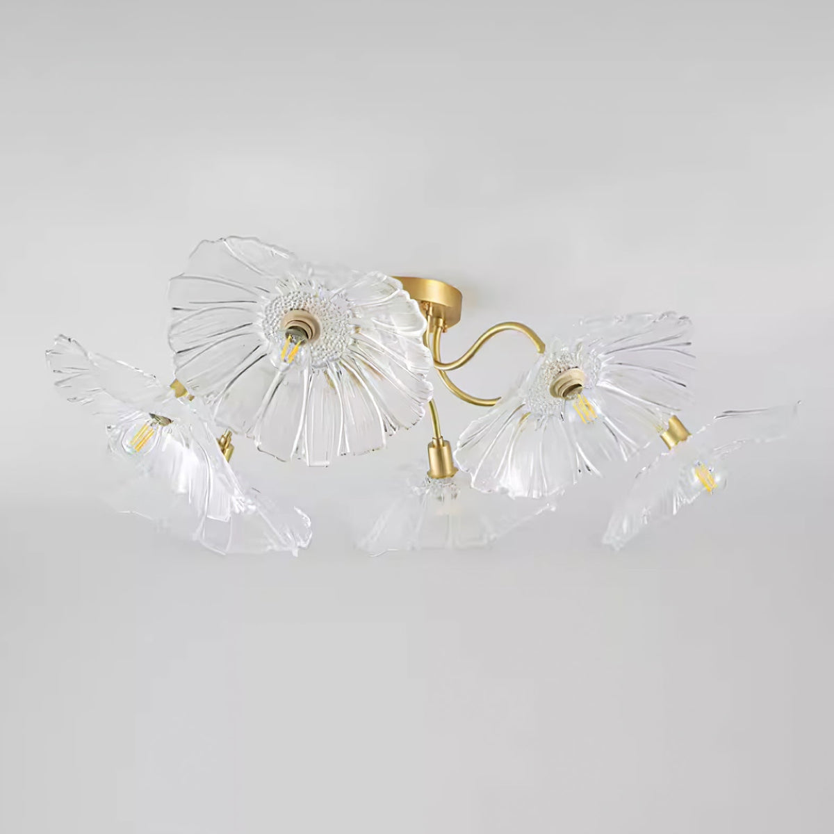 Glass Ceiling Lamp with Leaf Motif – 3, 5 or 6 Light Points – Golden Fixture with Clear or Pink Frosted Glass | Sansoti