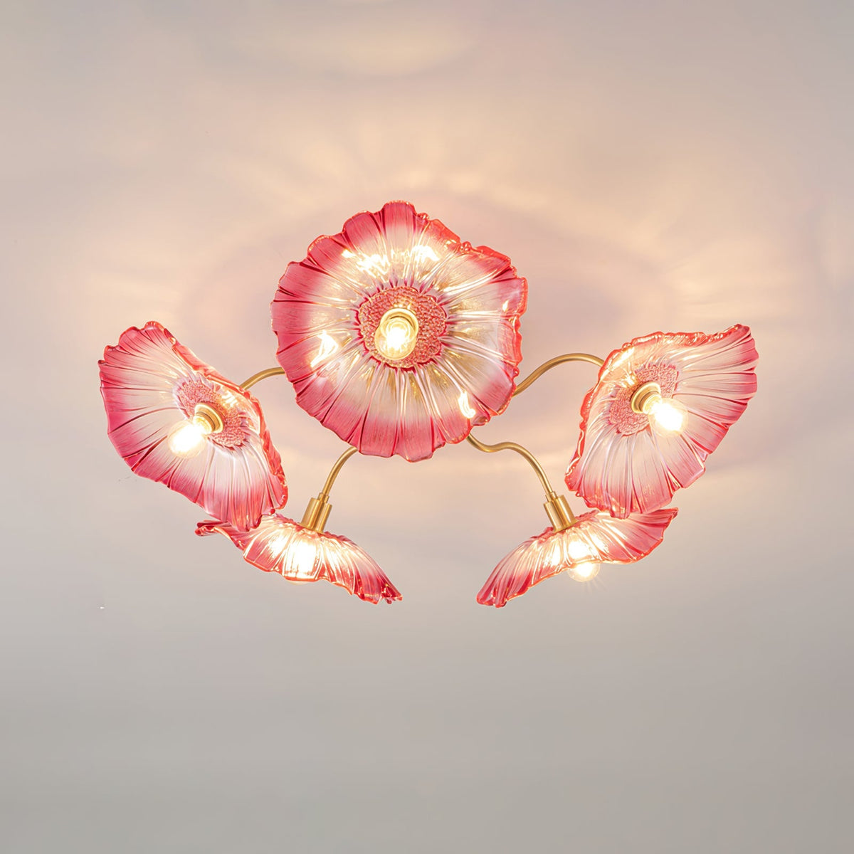 Glass Ceiling Lamp with Leaf Motif – 3, 5 or 6 Light Points – Golden Fixture with Clear or Pink Frosted Glass | Sansoti