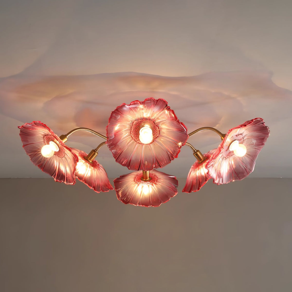 Glass Ceiling Lamp with Leaf Motif – 3, 5 or 6 Light Points – Golden Fixture with Clear or Pink Frosted Glass | Sansoti