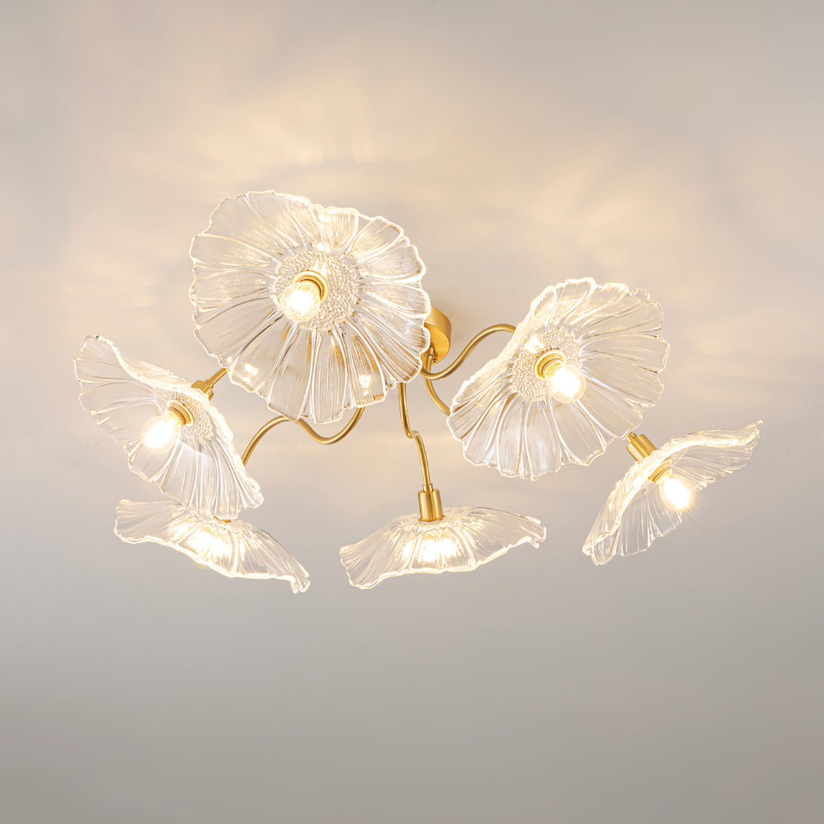 Glass Ceiling Lamp with Leaf Motif – 3, 5 or 6 Light Points – Golden Fixture with Clear or Pink Frosted Glass | Sansoti