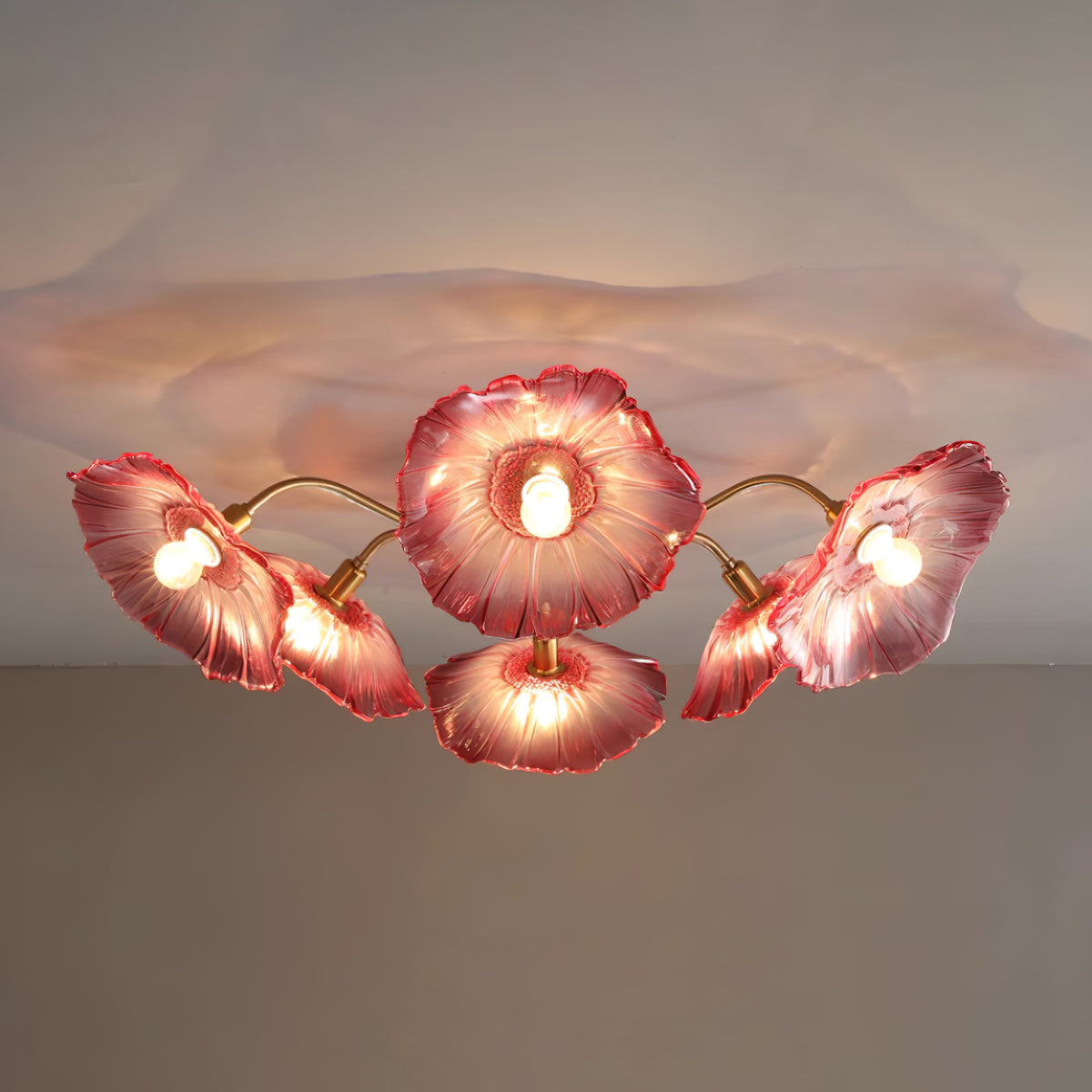 Glass Ceiling Lamp with Leaf Motif – 3, 5 or 6 Light Points – Golden Fixture with Clear or Pink Frosted Glass | Sansoti