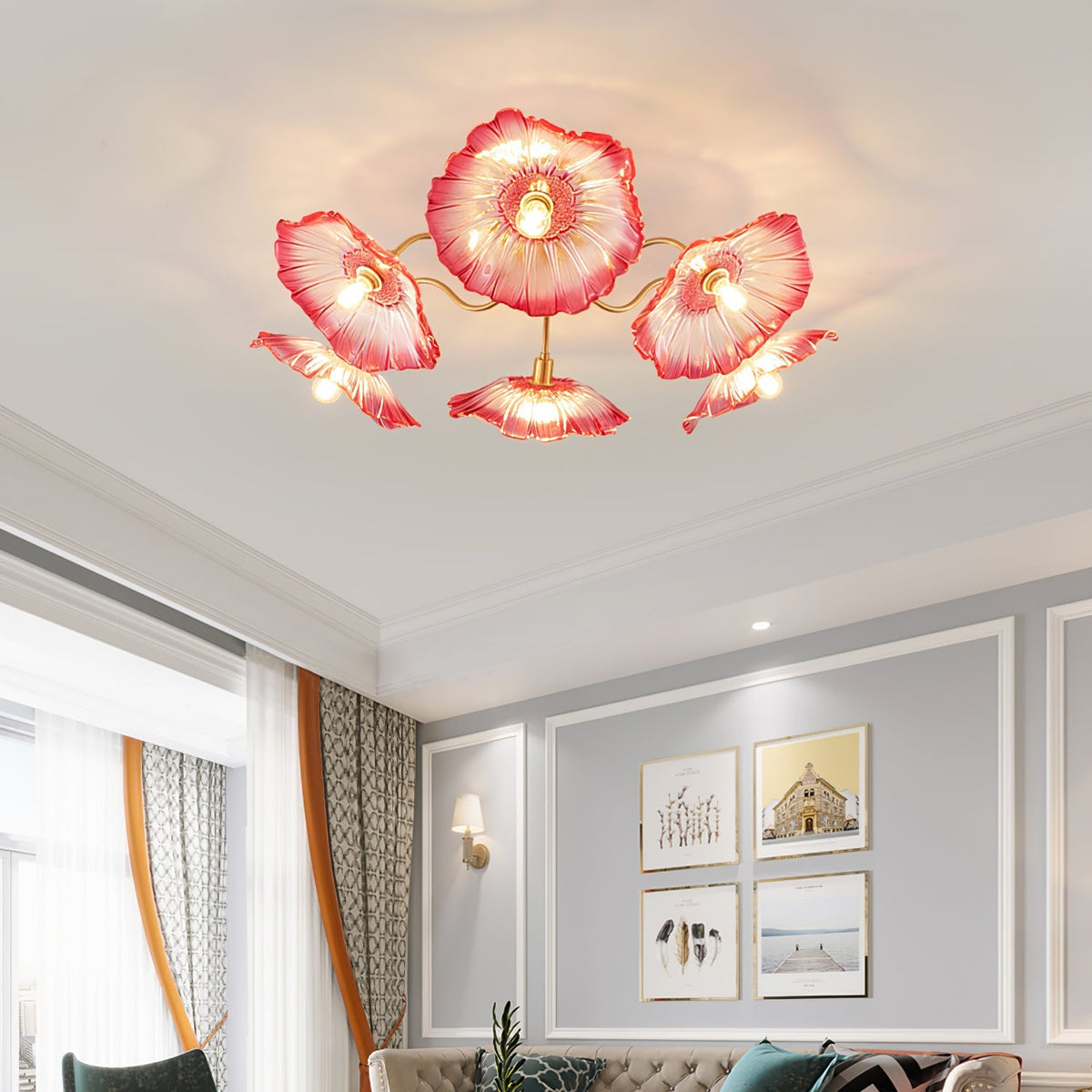 Glass Ceiling Lamp with Leaf Motif – 3, 5 or 6 Light Points – Golden Fixture with Clear or Pink Frosted Glass | Sansoti