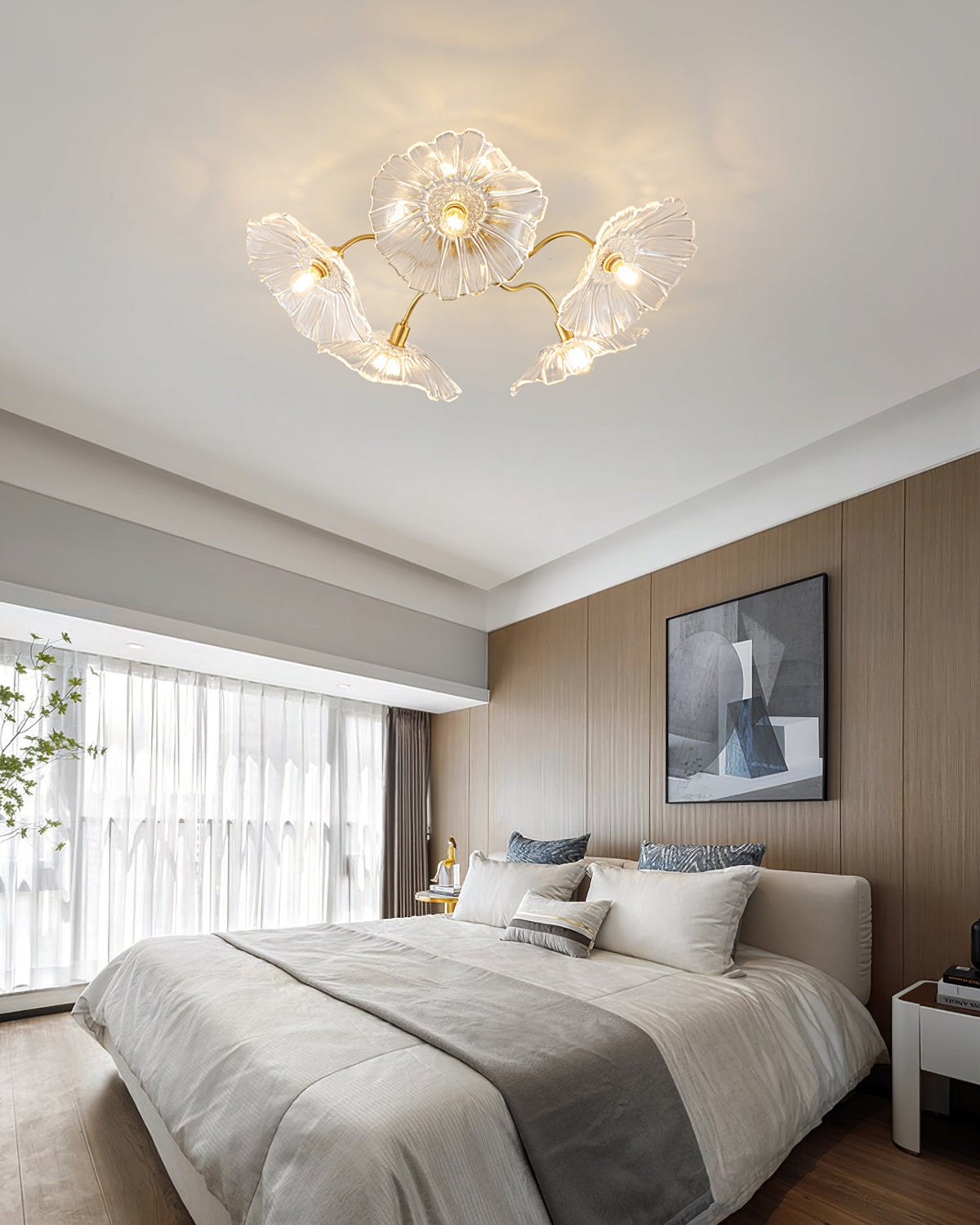 Glass Ceiling Lamp with Leaf Motif – 3, 5 or 6 Light Points – Golden Fixture with Clear or Pink Frosted Glass | Sansoti