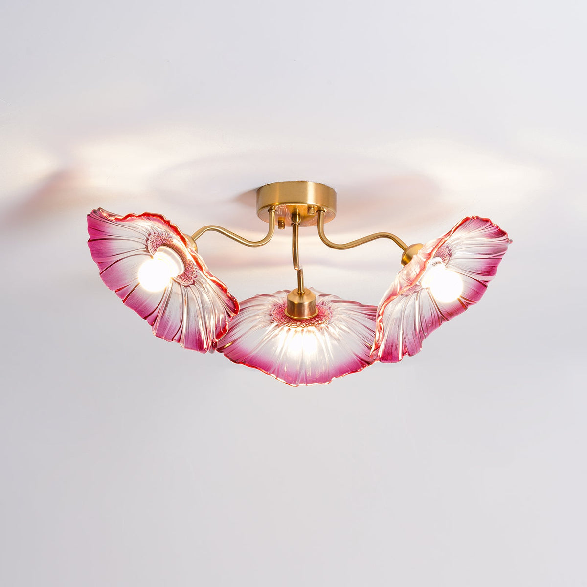 Glass Ceiling Lamp with Leaf Motif – 3, 5 or 6 Light Points – Golden Fixture with Clear or Pink Frosted Glass | Sansoti