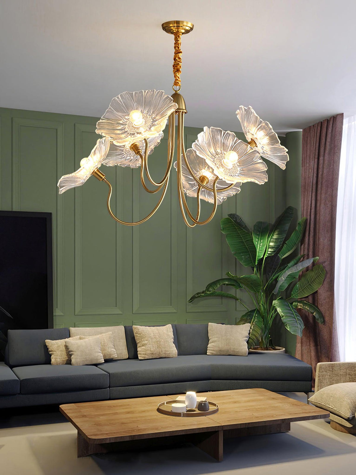 Lustre en verre avec motif de feuilles, doré, transparent ou rose, à 3 ou 6 lumières, style scandinave | Sansoti