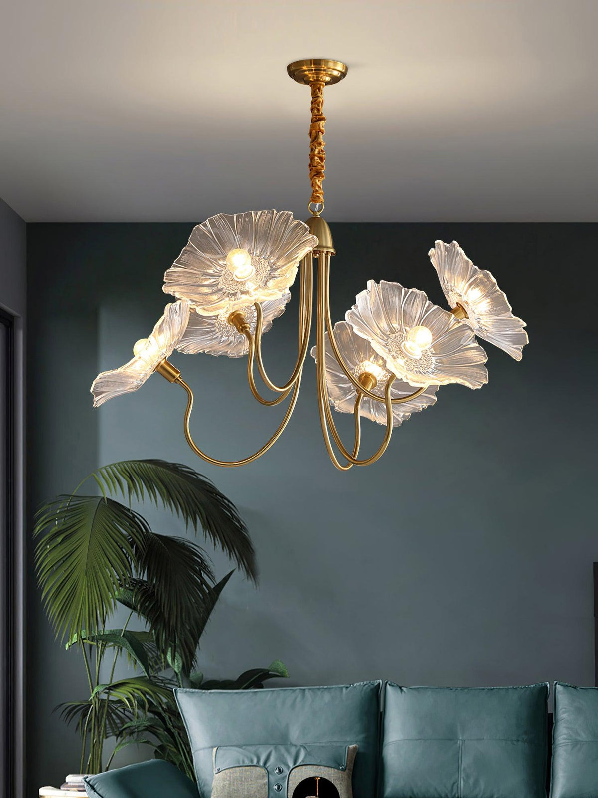 Lustre en verre avec motif de feuilles, doré, transparent ou rose, à 3 ou 6 lumières, style scandinave | Sansoti