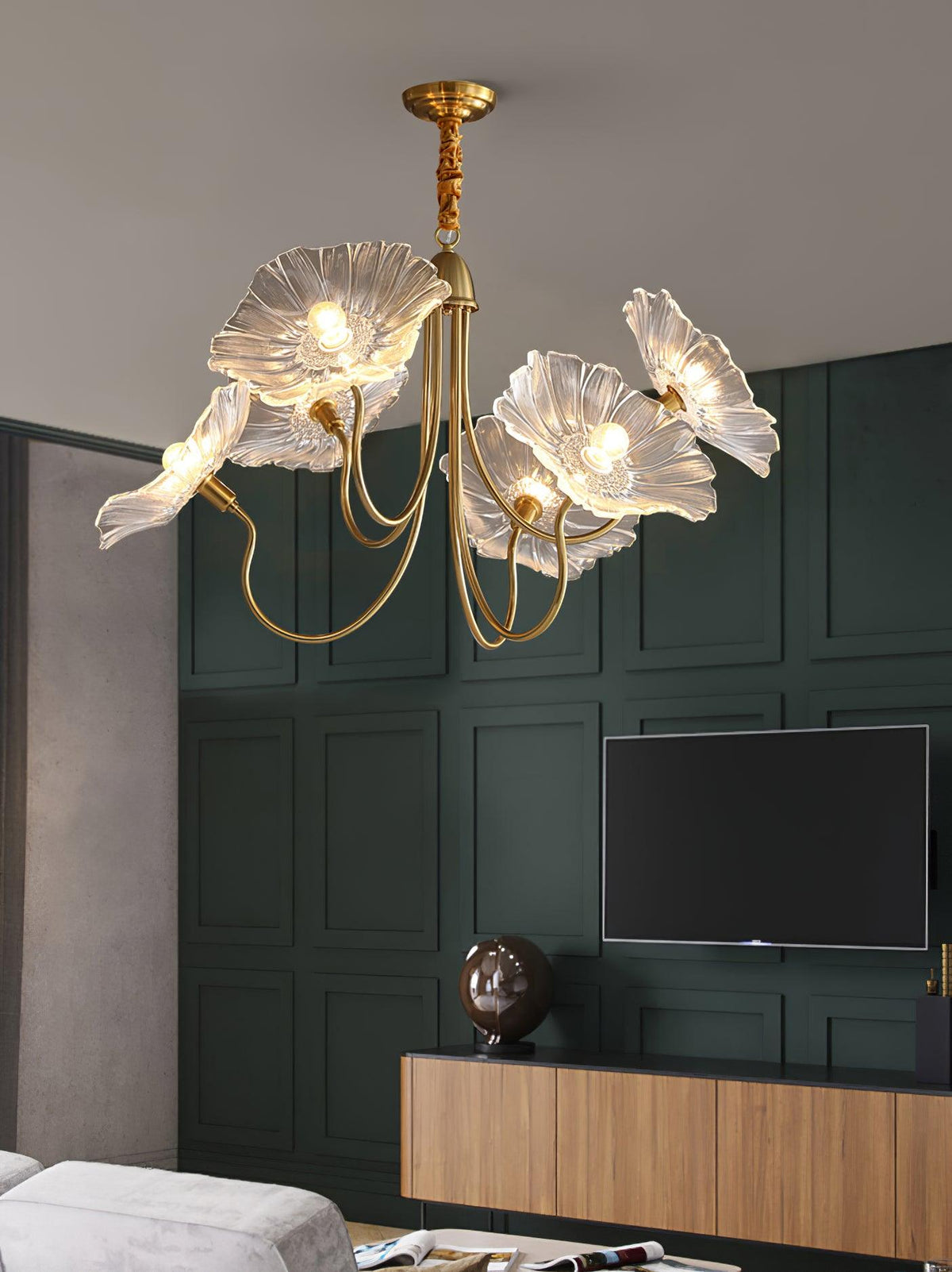 Lustre en verre avec motif de feuilles, doré, transparent ou rose, à 3 ou 6 lumières, style scandinave | Sansoti