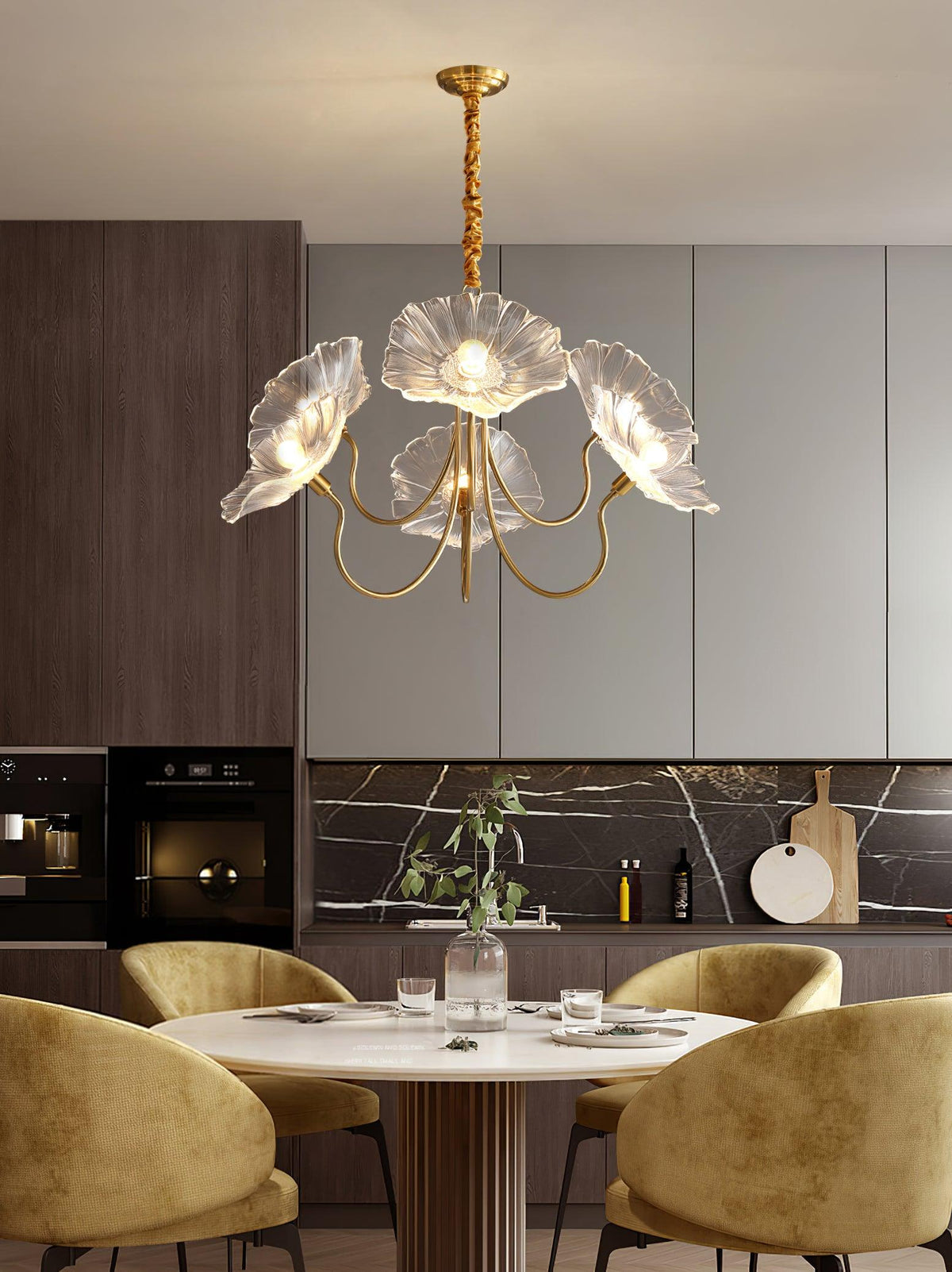 Lustre en verre avec motif de feuilles, doré, transparent ou rose, à 3 ou 6 lumières, style scandinave | Sansoti
