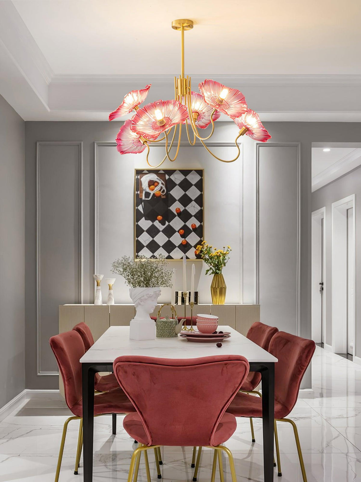 Lustre en verre avec motif de feuilles, doré, transparent ou rose, à 3 ou 6 lumières, style scandinave | Sansoti
