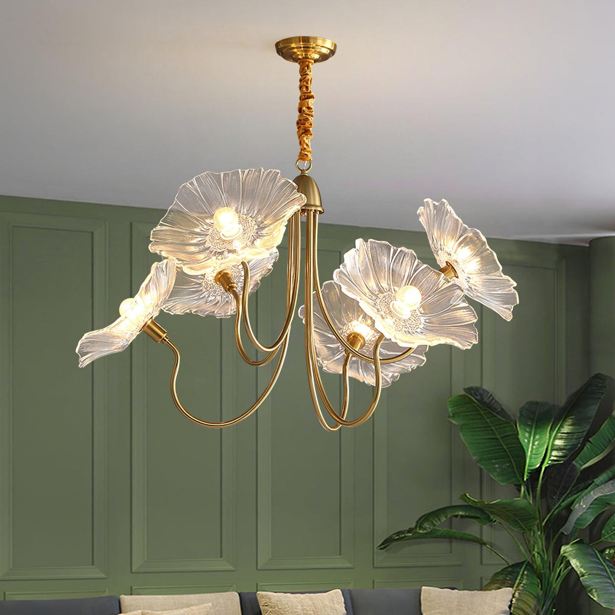 Lustre en verre avec motif de feuilles, doré, transparent ou rose, à 3 ou 6 lumières, style scandinave | Sansoti