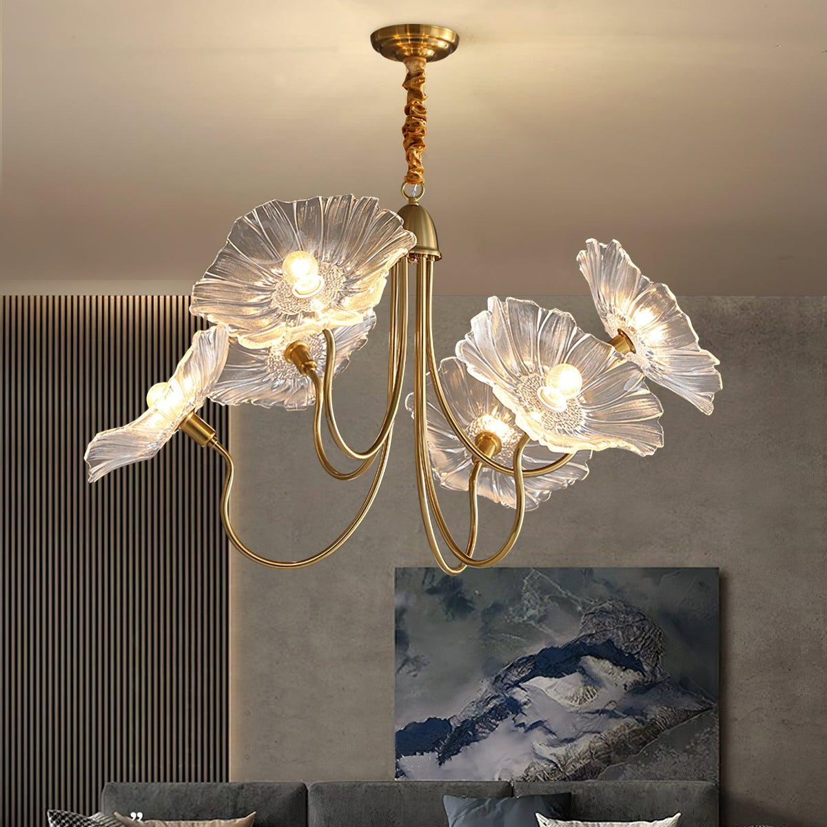 Lustre en verre avec motif de feuilles, doré, transparent ou rose, à 3 ou 6 lumières, style scandinave | Sansoti