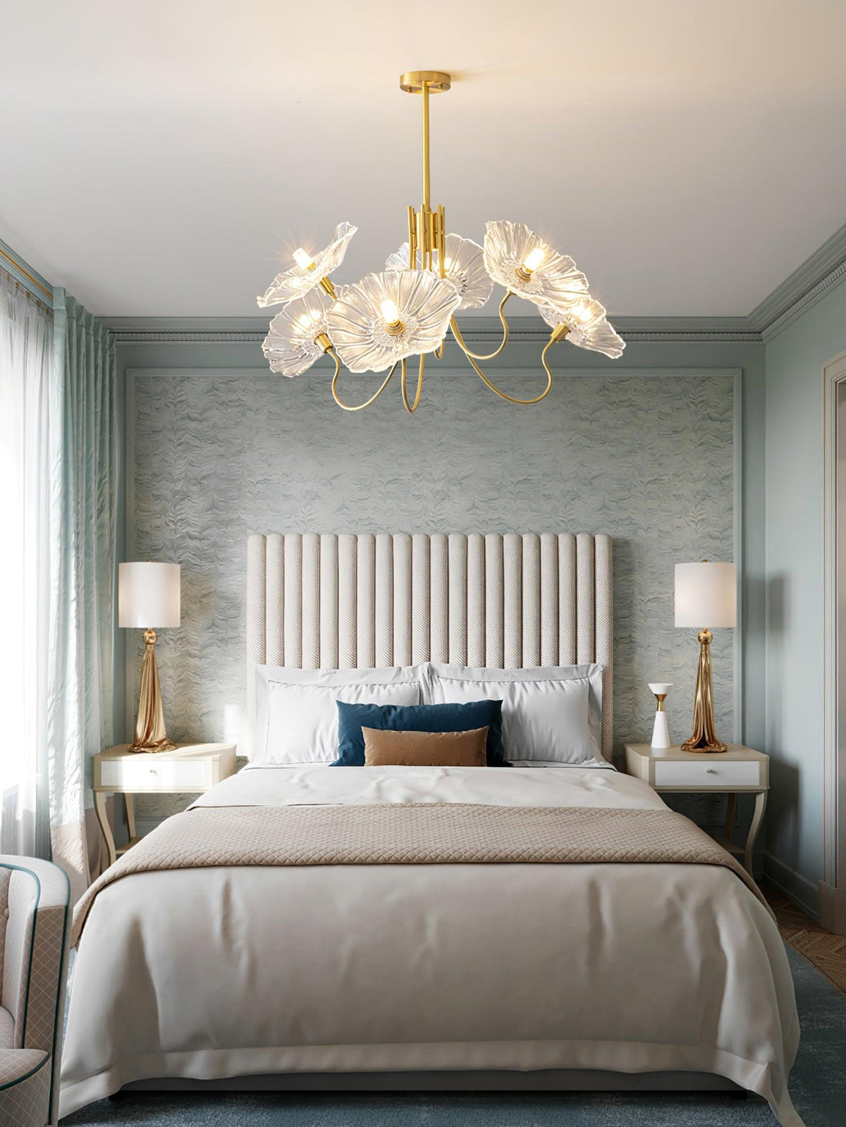 Lustre en verre avec motif de feuilles, doré, transparent ou rose, à 3 ou 6 lumières, style scandinave | Sansoti