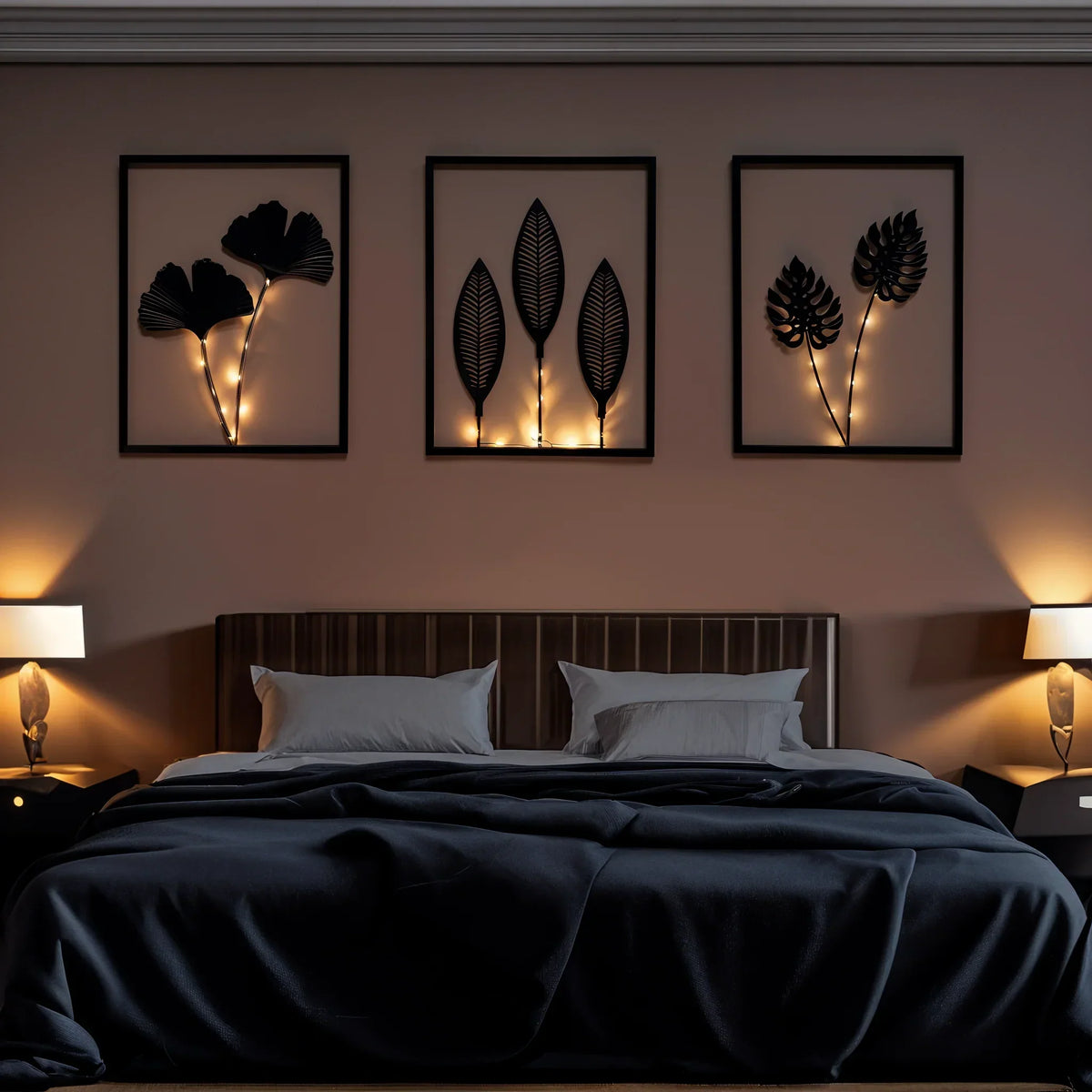 Illuminated LED Photo Frames with Artificial Plant (3 Pieces) Mood Lighting Black Metal | Sansoti