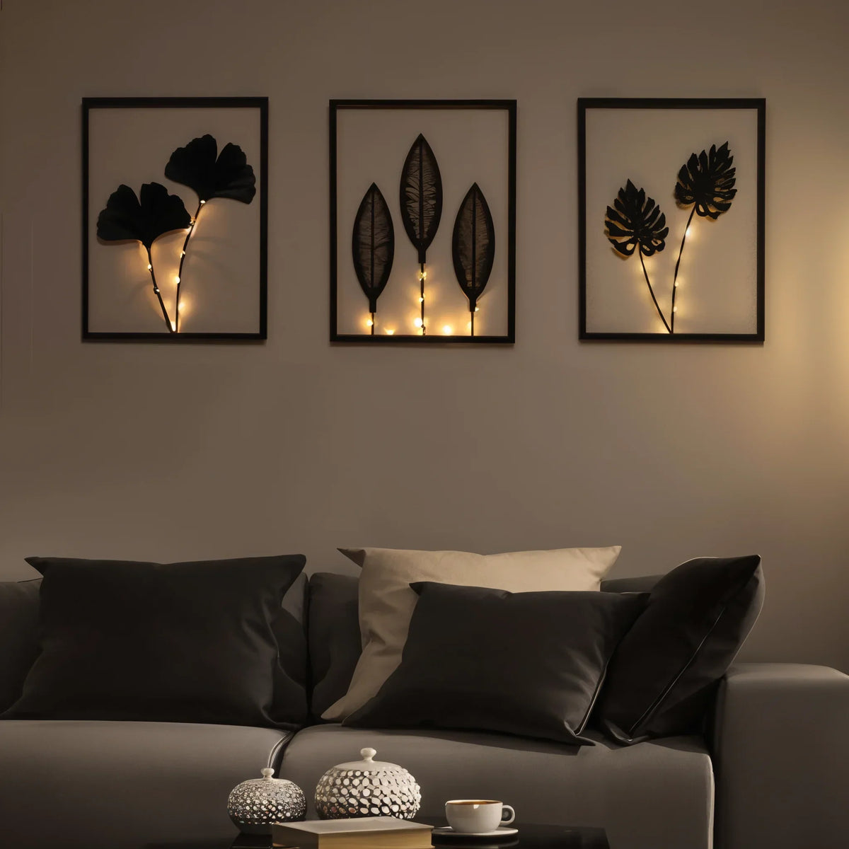 Illuminated LED Photo Frames with Artificial Plant (3 Pieces) Mood Lighting Black Metal | Sansoti