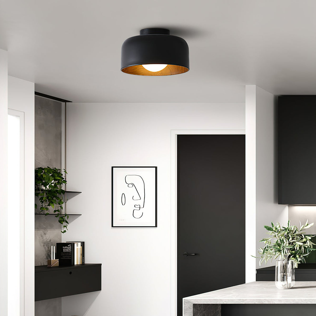 Ronde Plafondlamp met Houtnerf Interieur Glazen Bol ∅22 cm voor Hal Keuken Slaapkamer Wandmontage G9 Fitting | Sansoti