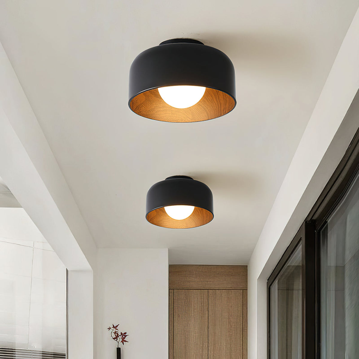 Ronde Plafondlamp met Houtnerf Interieur Glazen Bol ∅22 cm voor Hal Keuken Slaapkamer Wandmontage G9 Fitting | Sansoti