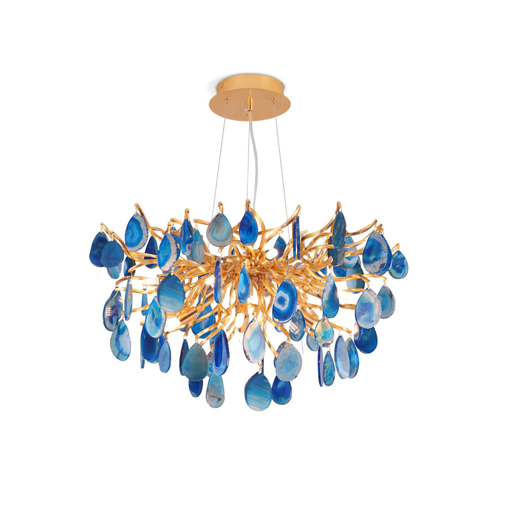 Lustre en agate pierre naturelle avec boîtier en métal doré – Disques taillés à la main finition or chaud 8 ou 9 points lumineux Éclairage de plafond de luxe pièce maîtresse exclusive | Sansoti
