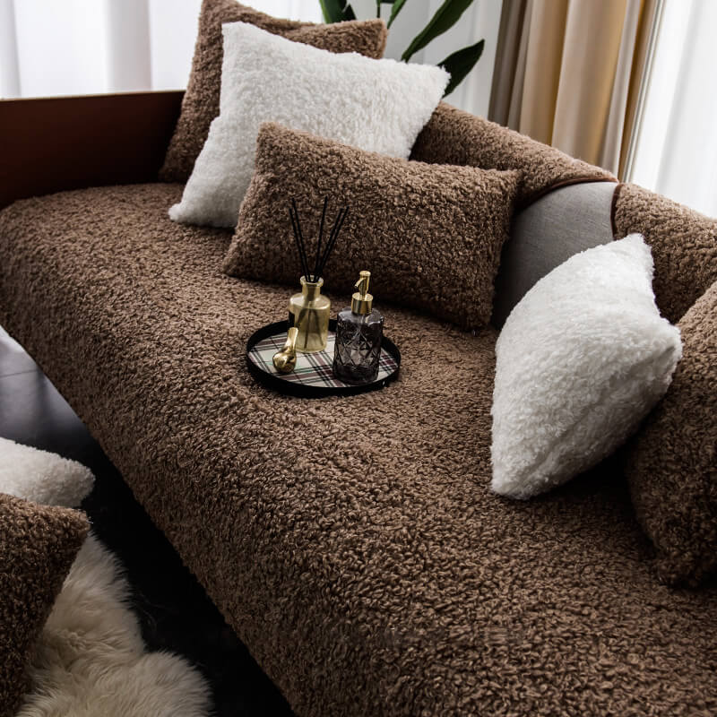 Teddy Fleece Sofa Cover Non-Slip Washable Brown Blue White Red Pet Sofa Protection Couch Cover | Sansoti