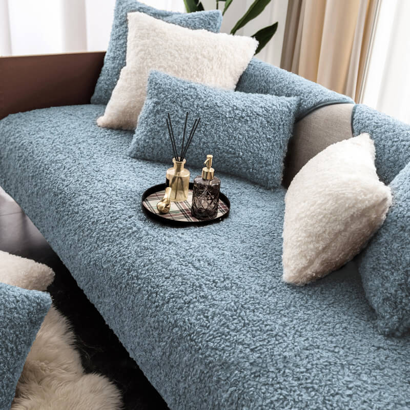 Teddy Fleece Sofa Cover Non-Slip Washable Brown Blue White Red Pet Sofa Protection Couch Cover | Sansoti