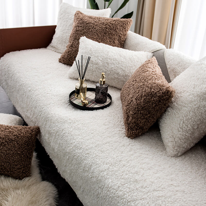 Teddy Fleece Sofa Cover Non-Slip Washable Brown Blue White Red Pet Sofa Protection Couch Cover | Sansoti