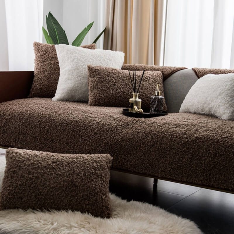 Teddy Fleece Sofa Cover Non-Slip Washable Brown Blue White Red Pet Sofa Protection Couch Cover | Sansoti