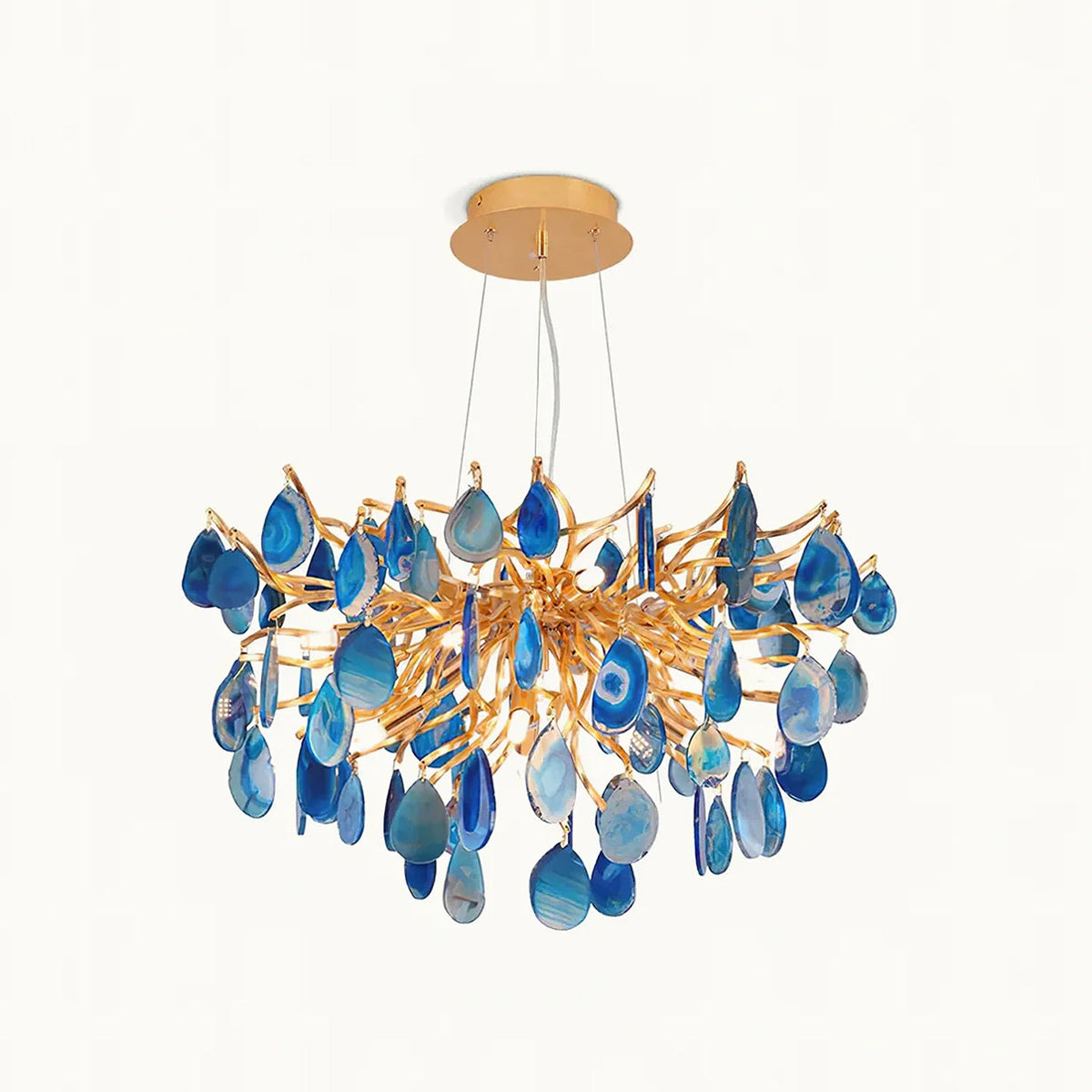 Lustre en agate pierre naturelle avec boîtier en métal doré – Disques taillés à la main finition or chaud 8 ou 9 points lumineux Éclairage de plafond de luxe pièce maîtresse exclusive | Sansoti