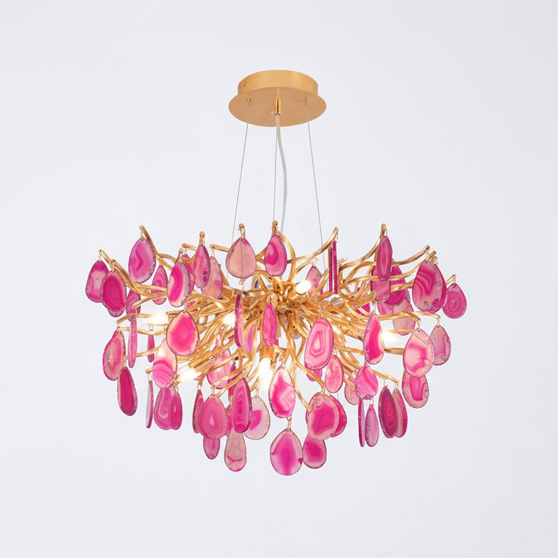 Lustre en agate pierre naturelle avec boîtier en métal doré – Disques taillés à la main finition or chaud 8 ou 9 points lumineux Éclairage de plafond de luxe pièce maîtresse exclusive | Sansoti