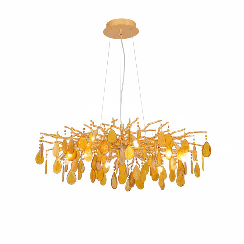 Lustre en agate pierre naturelle avec boîtier en métal doré – Disques taillés à la main finition or chaud 8 ou 9 points lumineux Éclairage de plafond de luxe pièce maîtresse exclusive | Sansoti