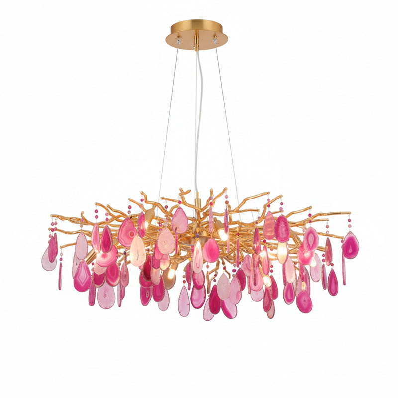Lustre en agate pierre naturelle avec boîtier en métal doré – Disques taillés à la main finition or chaud 8 ou 9 points lumineux Éclairage de plafond de luxe pièce maîtresse exclusive | Sansoti