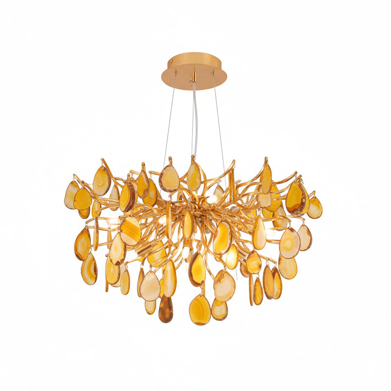 Lustre en agate pierre naturelle avec boîtier en métal doré – Disques taillés à la main finition or chaud 8 ou 9 points lumineux Éclairage de plafond de luxe pièce maîtresse exclusive | Sansoti