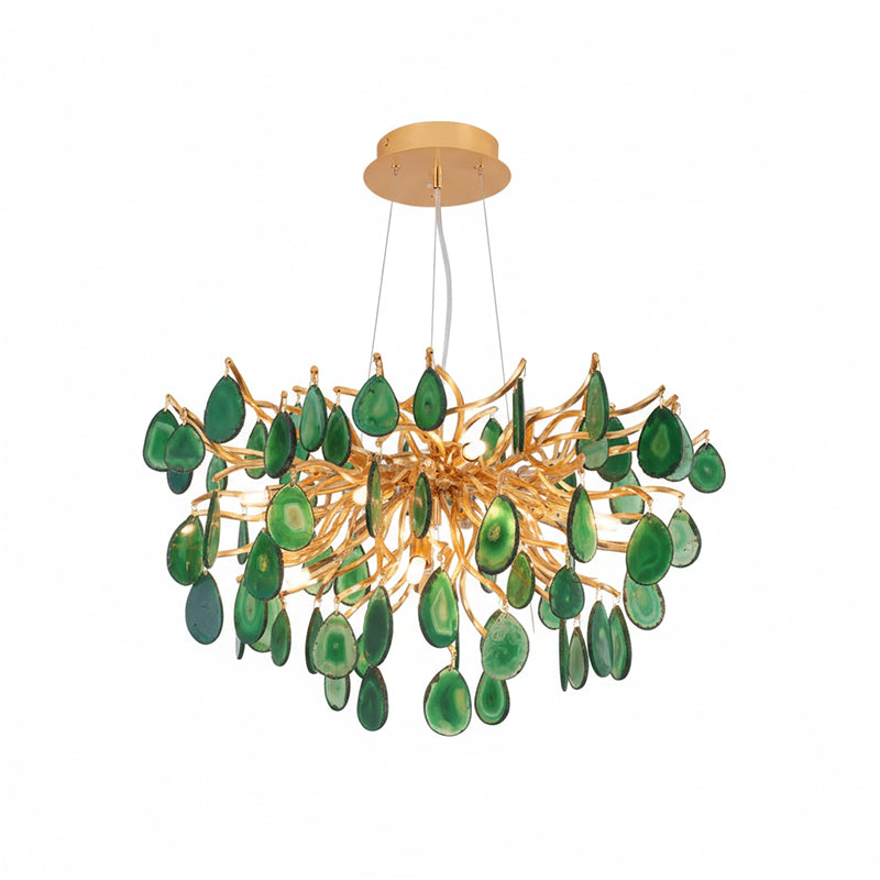 Lustre en agate pierre naturelle avec boîtier en métal doré – Disques taillés à la main finition or chaud 8 ou 9 points lumineux Éclairage de plafond de luxe pièce maîtresse exclusive | Sansoti