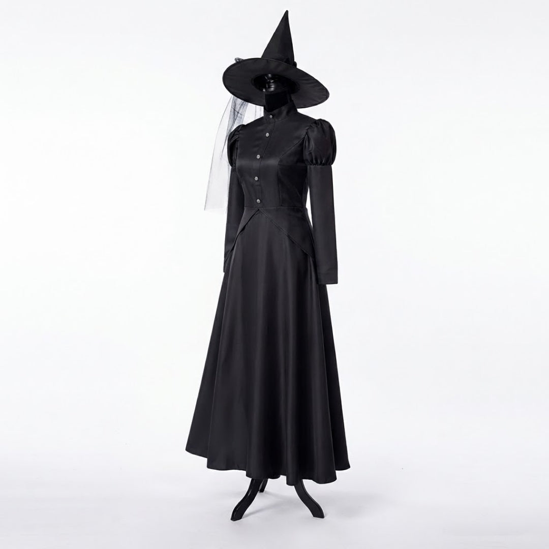 Long Black Witch Costume Dress for Halloween Fancy Dress Party Cosplay Women and Children Festive Outfit | Sansoti