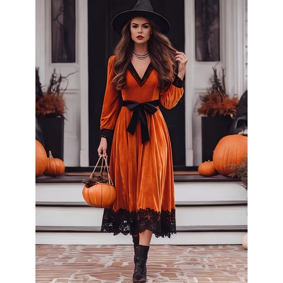 Kostümkleid Hexe Vintage Polyester V-Ausschnitt Spitze Orange Damen Halloween-Mottoparty Kostüm | Sansoti