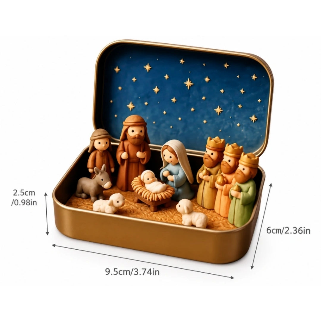 Kompakte Weihnachtskrippe in Aufbewahrungsbox aus Edelstahl Maria Josef Jesus Weihnachtsdekoration Traditionell Festlich | Sansoti